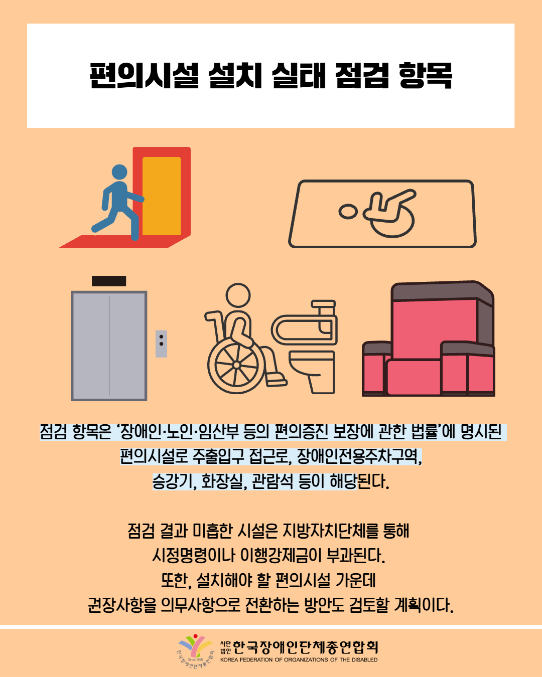편의시설 설치 실태 점검 항목 / 점검 항목은 ‘장애인·노인·임산부 등의 편의증진 보장에 관한 법률’에 명시된 편의시설로 주출입구 접근로, 장애인전용주차구역, 승강기, 화장실, 관람석 등이 해당된다.  점검 결과 미흡한 시설은 지방자치단체를 통해  시정명령이나 이행강제금이 부과된다.  또한, 설치해야 할 편의시설 가운데  권장사항을 의무사항으로 전환하는 방안도 검토할 계획이다. / 한국장애인단체총연합회
