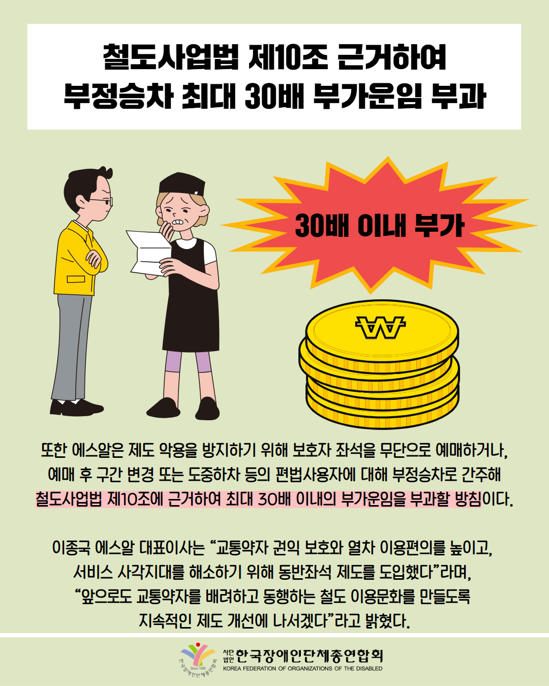 철도사업법 제10조 근거하여 부정승차 최대 30배 부가운임 부과 / 그림첨부: 종이를 보고 놀란 여성 / 그림첨부: '30배 이내 부가' 문구, 쌓여 있는 돈 / 또한 에스알은 제도 악용을 방지하기 위해 보호자 좌석을 무단으로 예매하거나, 예매 후 구간 변경 또는 도중하차 등의 편법사용자에 대해 부정승차로 간주해 철도사업법 제10조에 근거하여 최대 30배 이내의 부가운임을 부과할 방침이다.  이종국 에스알 대표이사는 “교통약자 권익 보호와 열차 이용편의를 높이고,  서비스 사각지대를 해소하기 위해 동반좌석 제도를 도입했다”라며,  “앞으로도 교통약자를 배려하고 동행하는 철도 이용문화를 만들도록  지속적인 제도 개선에 나서겠다”라고 밝혔다. / 한국장애인단체총연합회