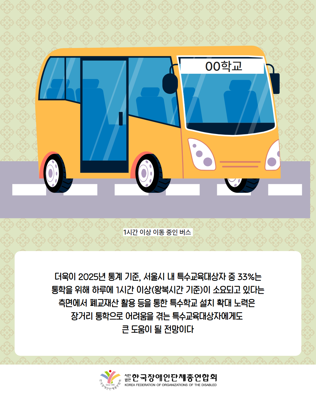 그림첨부: 00학교 버스가 도로에서 달리고 있는 모습(설명: 1시간 이상 이동 중인 버스) / 더욱이 2025년 통계 기준, 서울시 내 특수교육대상자 중 33%는  통학을 위해 하루에 1시간 이상(왕복시간 기준)이 소요되고 있다는  측면에서 폐교재산 활용 등을 통한 특수학교 설치 확대 노력은  장거리 통학으로 어려움을 겪는 특수교육대상자에게도  큰 도움이 될 전망이다 / 한국장애인단체총연합회