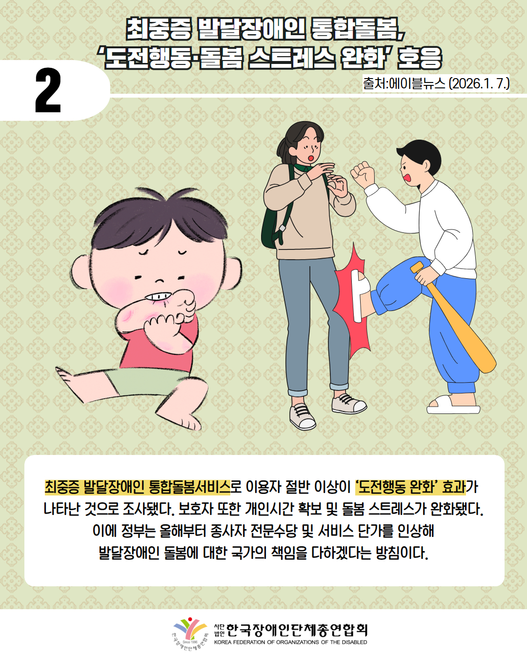 2 / 최중증 발달장애인 통합돌봄,  ‘도전행동·돌봄 스트레스 완화’ 호응 / 출처:에이블뉴스 (2026.1. 7.) / 그림첨부: 자신의 몸을 물고 있는 아이 / 그림첨부: 방망이를 들고 여성을 차고 있는 남성 / 최중증 발달장애인 통합돌봄서비스로 이용자 절반 이상이 ‘도전행동 완화’ 효과가  나타난 것으로 조사됐다. 보호자 또한 개인시간 확보 및 돌봄 스트레스가 완화됐다.  이에 정부는 올해부터 종사자 전문수당 및 서비스 단가를 인상해  발달장애인 돌봄에 대한 국가의 책임을 다하겠다는 방침이다. / 한국장애인단체총연합회