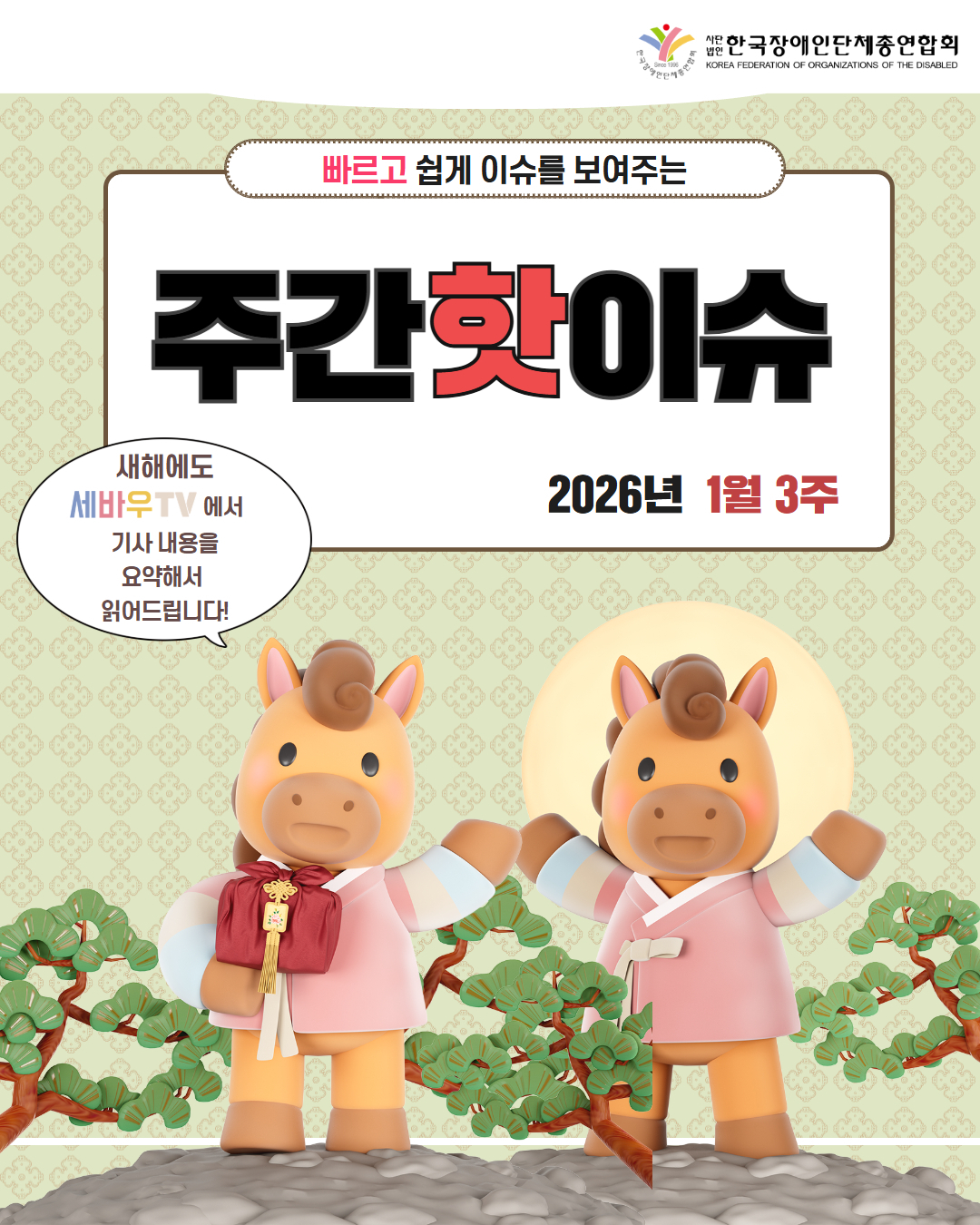 한국장애인단체총연합회 / 빠르고 쉽게 이슈를 보여주는 주간핫이슈 / 2026년 1월 3주 / 새해에도 세바우 TV에서 기사 내용을 요약해서 읽어드립니다!