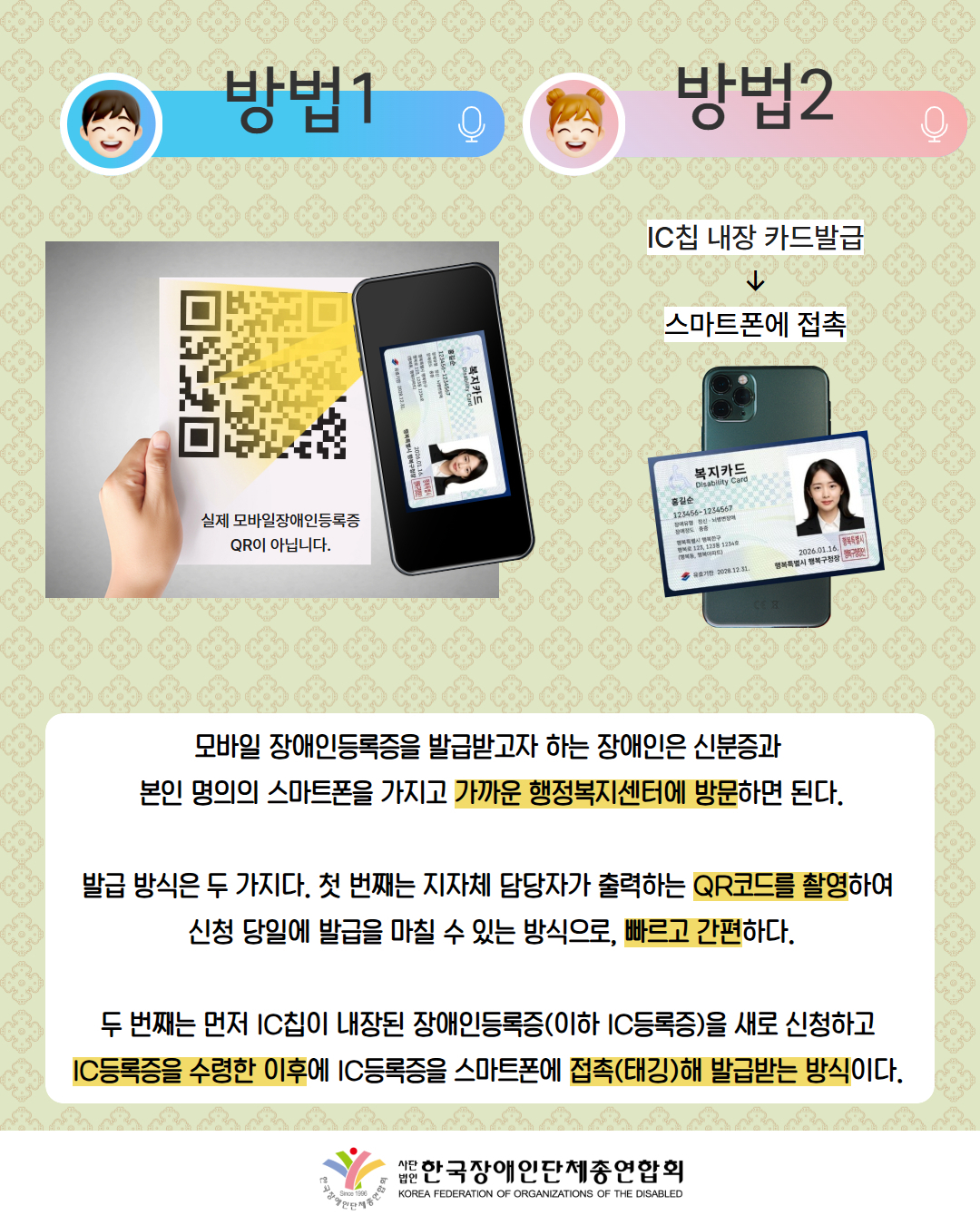 그림첨부: 웃고 있는 남성과 검색창안에 '방법1'이라고 되어 있다. 밑에 QR을 찍어 스마트폰으로 복지카드를 발급받고 있다. (실제 모발이장애인등록증 QR이 아닙니다.) / 그림첨부: 여성이 웃고 '방법2'라고 적힌 검색창이 있다. 밑에는 'IC칩 내장 카드발급' '↓' '스마트폰에 접촉'이라 써있으며 폰 뒷면에 카드를 대고 있는 모습이다. / 모바일 장애인등록증을 발급받고자 하는 장애인은 신분증과  본인 명의의 스마트폰을 가지고 가까운 행정복지센터에 방문하면 된다.  발급 방식은 두 가지다. 첫 번째는 지자체 담당자가 출력하는 QR코드를 촬영하여  신청 당일에 발급을 마칠 수 있는 방식으로, 빠르고 간편하다.  두 번째는 먼저 IC칩이 내장된 장애인등록증(이하 IC등록증)을 새로 신청하고  IC등록증을 수령한 이후에 IC등록증을 스마트폰에 접촉(태깅)해 발급받는 방식이다.  