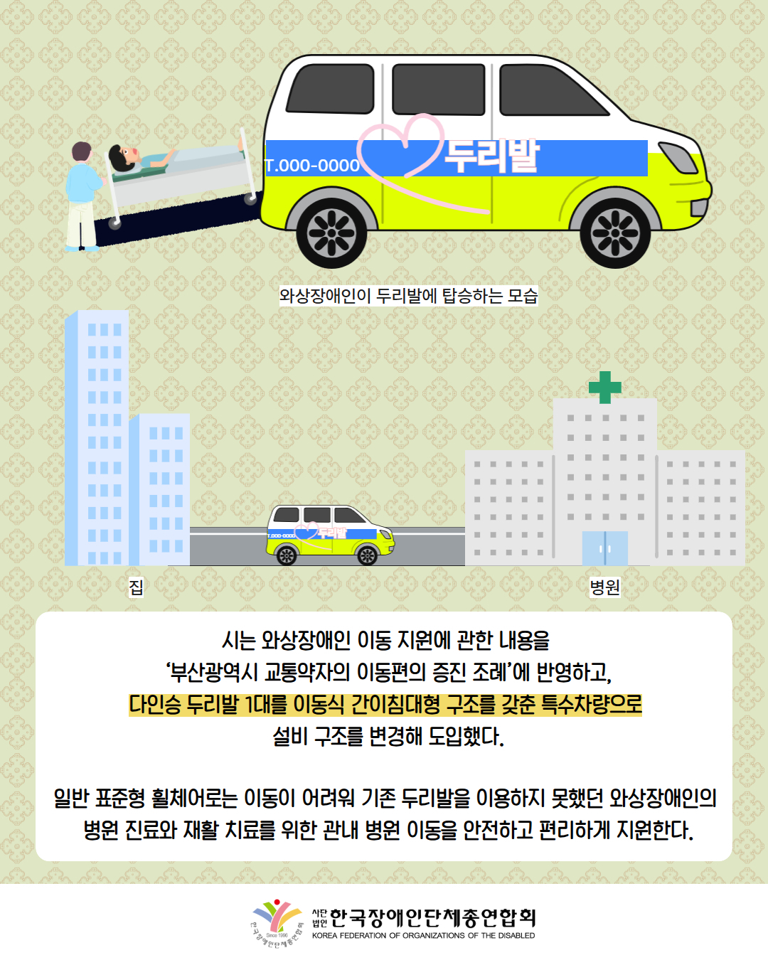 그림첨부: 와상환자를 태우는 두리발이 보인다.(설명: 와상장애인이 두리발에 탑승하는 모습) / 그림첨부: 집에서 병원까지 두리발이 이동하는 모습니다. / 시는 와상장애인 이동 지원에 관한 내용을  ‘부산광역시 교통약자의 이동편의 증진 조례’에 반영하고, 다인승 두리발 1대를 이동식 간이침대형 구조를 갖춘 특수차량으로  설비 구조를 변경해 도입했다.  일반 표준형 휠체어로는 이동이 어려워 기존 두리발을 이용하지 못했던 와상장애인의  병원 진료와 재활 치료를 위한 관내 병원 이동을 안전하고 편리하게 지원한다. / 한국장애인단체총연합회
