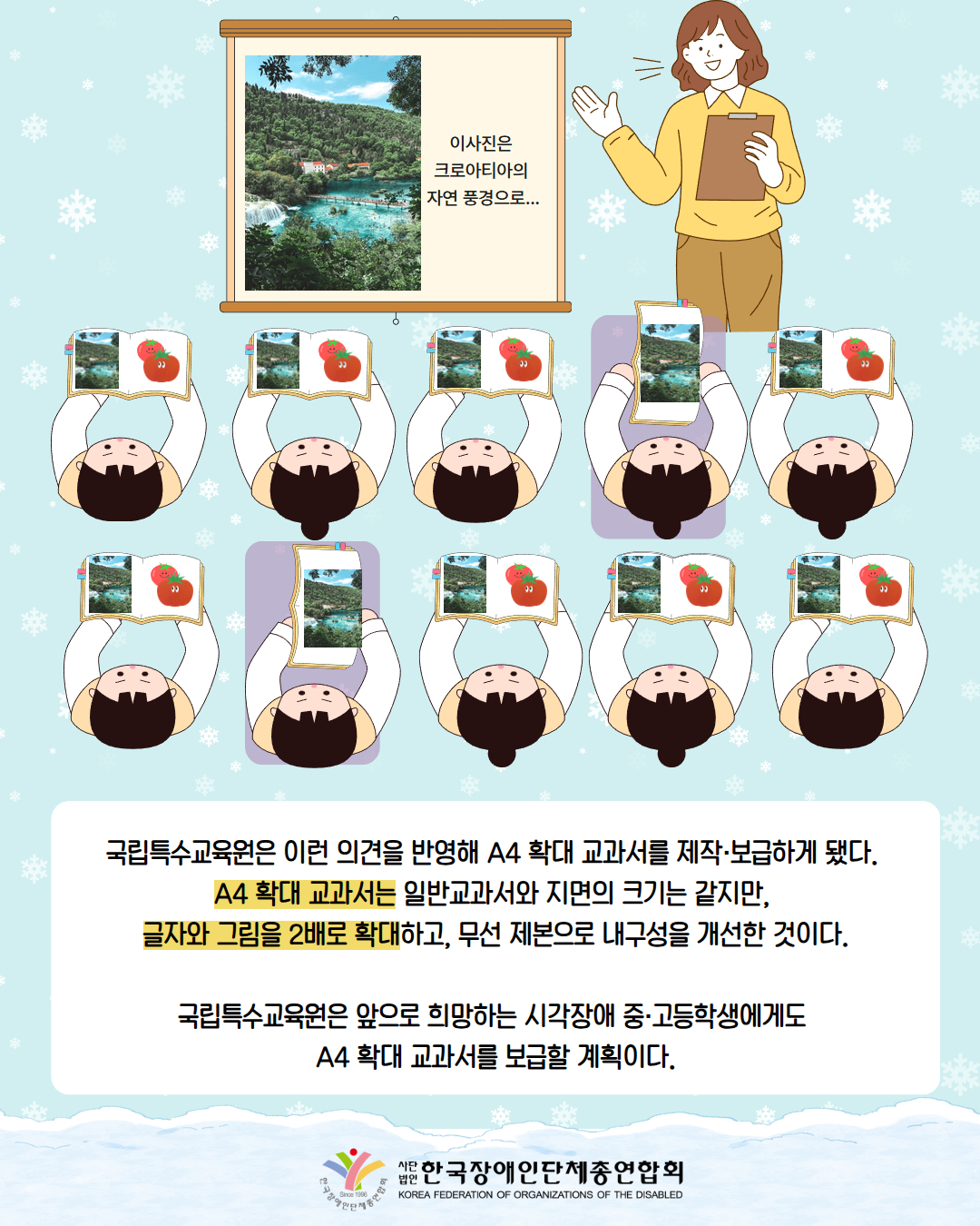 그림첨부: 화면안에 크로아티아 풍경 사진이 있으며, '이사진은 크로아티아의 자연 풍경으로...'라는 글이 써 있다. 옆에서는 선생님이 관련 내용을 설명하며, 10명의 학생이 수업을 듣고 있다. 그 중 첫 번째 줄 왼쪽에서 4번째와 두 번째 줄 왼쪽에서 2번째 학생은 확대교과서를 사용하여 수업을 듣고 있다. /국립특수교육원은 이런 의견을 반영해 A4 확대 교과서를 제작·보급하게 됐다.  A4 확대 교과서는 일반교과서와 지면의 크기는 같지만,  글자와 그림을 2배로 확대하고, 무선 제본으로 내구성을 개선한 것이다.  국립특수교육원은 앞으로 희망하는 시각장애 중·고등학생에게도  A4 확대 교과서를 보급할 계획이다. / 한국장애인단체총연합회 