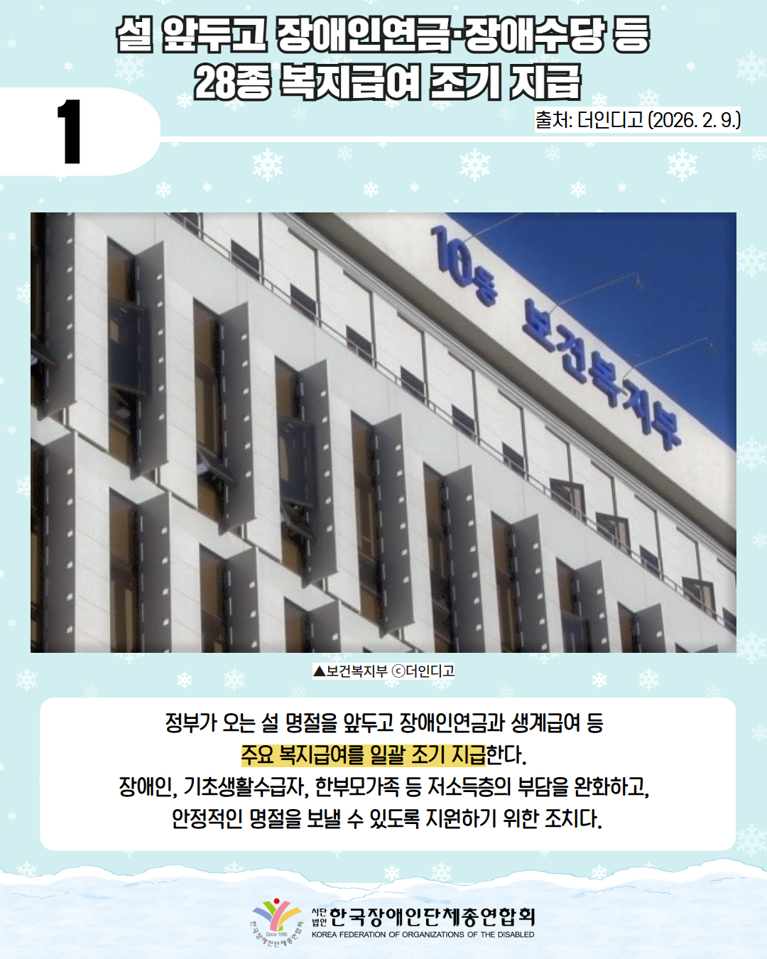1 / 설 앞두고 장애인연금·장애수당 등  28종 복지급여 조기 지급 / 출처: 더인디고(2026.2.9.)/ 그림첨부: 보건복지부 건물 사진  / 정부가 오는 설 명절을 앞두고 장애인연금과 생계급여 등  주요 복지급여를 일괄 조기 지급한다.  장애인, 기초생활수급자, 한부모가족 등 저소득층의 부담을 완화하고,  안정적인 명절을 보낼 수 있도록 지원하기 위한 조치다./ 한국장애인단체총연합회