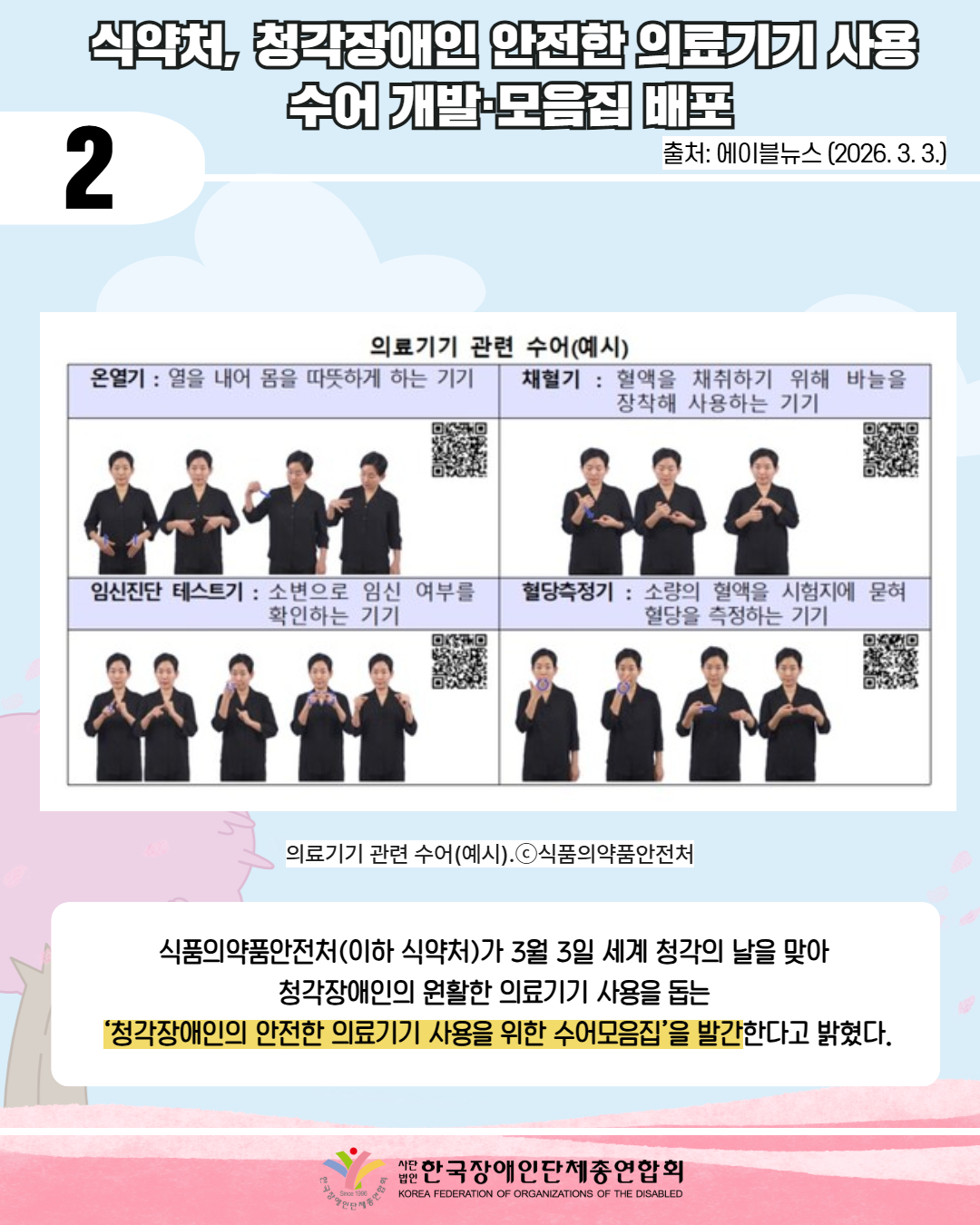 2 / 식약처, 청각장애인 안전한 의료기기 사용  수어 개발·모음집 배포 / 출처: 에이블뉴스 (2026. 3. 3.) / 그림첨부: 의료기기 관련 수어(예시) 온열기: 열을 내어 몸을 따뜻하게 하는 기기, 채혈기: 혈액을 채취하기 위해 바늘을 장착해 사용하는 기기, 혈당측정기 : 소량의 혈액을 시험지에 묻혀 혈당을 측정하는 기기 (각각에 설명에 수어와 바코드가 있다. / 의료기기 관련 수어(예시) ⓒ식품의약훔안전처 / 식품의약품안전처(이하 식약처)가 3월 3일 세계 청각의 날을 맞아  청각장애인의 원활한 의료기기 사용을 돕는  ‘청각장애인의 안전한 의료기기 사용을 위한 수어모음집’을 발간한다고 밝혔다. / 한국장애인단체총연합회