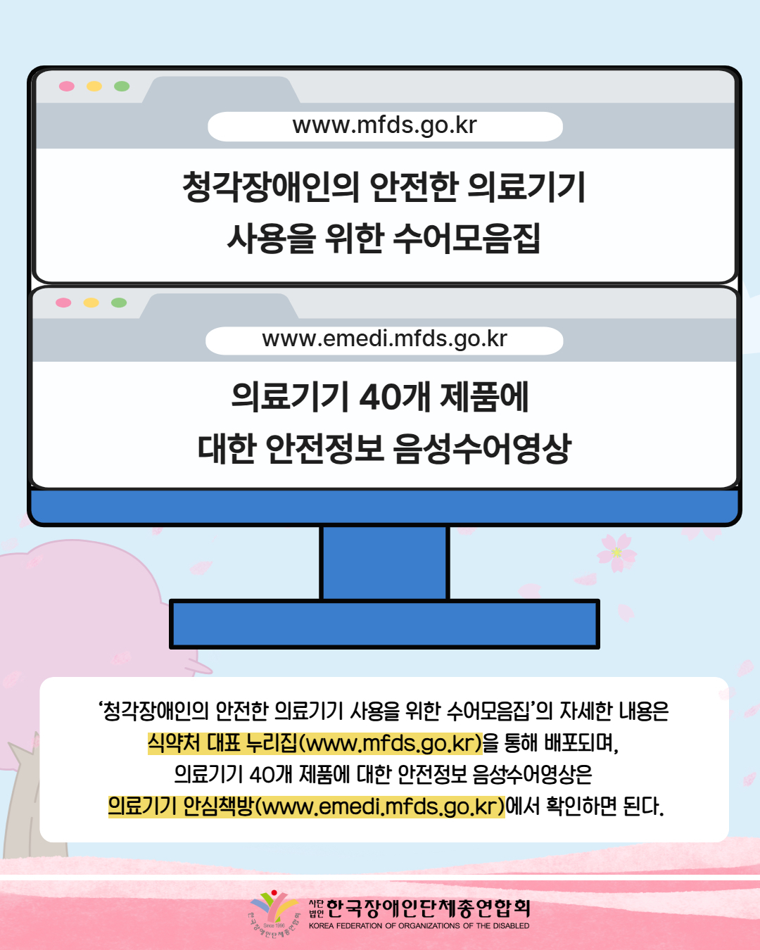 그림첨부: 컴퓨터 안에 www.mfds.go.kr, 청각장애인의 안전한 의료기기 사용을 위한 수어모음집 / www.emedi.mfds.go.kr,  의료기기 40개 제품에  대한 안전정보 음성수어영상이라 적혀 있다 / ‘청각장애인의 안전한 의료기기 사용을 위한 수어모음집’의 자세한 내용은  식약처 대표 누리집(www.mfds.go.kr)을 통해 배포되며,  의료기기 40개 제품에 대한 안전정보 음성ˑ수어영상은  의료기기 안심책방(www.emedi.mfds.go.kr)에서 확인하면 된다. / 한국장애인단체총연합회