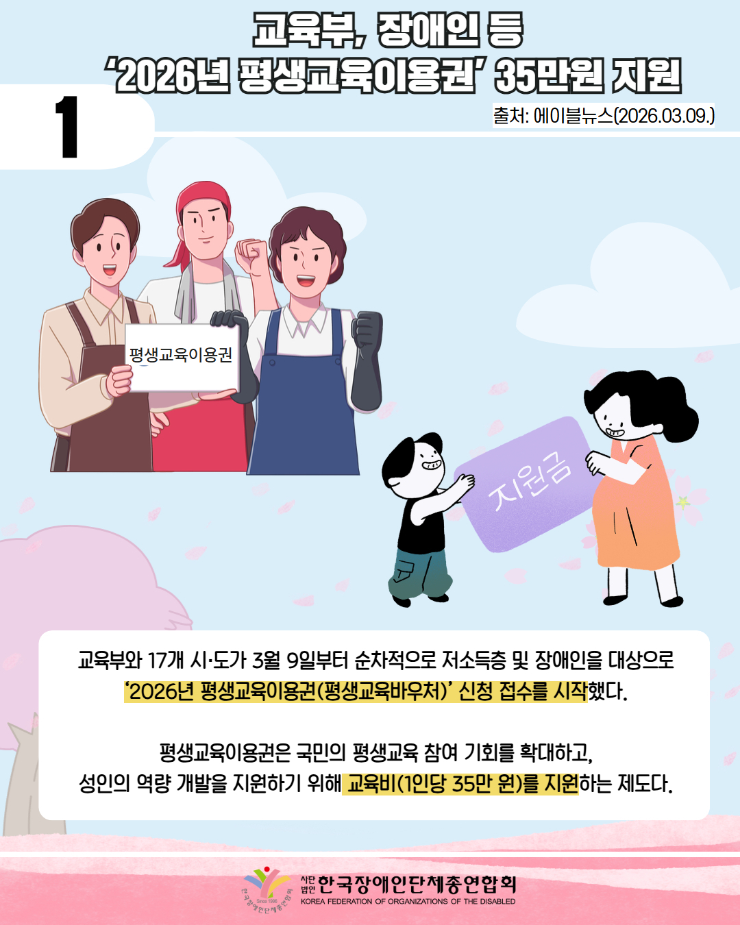 1 / 교육부, 장애인 등 '2026년 평생교육이용권' 35만원 지원 / 출처: 에이블뉴스(2026.03.09.) / 그림첨부: 평생교육이용권을 들고 있는 남성과 여성들 모습이다. / 그림첨부: 지원금을 들고 있는 남 여 모습이다. / 교육부와 17개 시·도가 3월 9일부터 순차적으로 저소득층 및 장애인을 대상으로 ‘2026년 평생교육이용권(평생교육바우처)’ 신청 접수를 시작했다.  평생교육이용권은 국민의 평생교육 참여 기회를 확대하고, 성인의 역량 개발을 지원하기 위해 교육비(1인당 35만 원)를 지원하는 제도다./  한국장애인단체총연합회