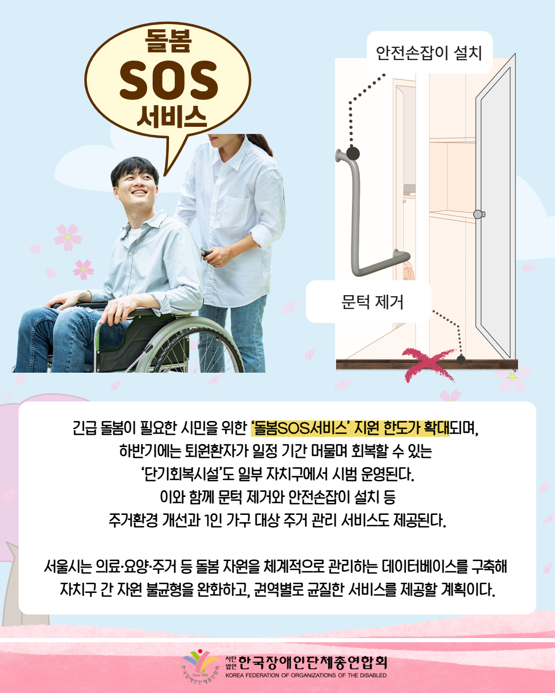 남성이 돌봄 SOS 서비스라고 말하고 잇다 / 안전손잡이 설치 및 문턱 제거 등 그림이 보인다. / 긴급 돌봄이 필요한 시민을 위한 ‘돌봄SOS서비스’ 지원 한도가 확대되며,  하반기에는 퇴원환자가 일정 기간 머물며 회복할 수 있는  ‘단기회복시설’도 일부 자치구에서 시범 운영된다.  이와 함께 문턱 제거와 안전손잡이 설치 등  주거환경 개선과 1인 가구 대상 주거 관리 서비스도 제공된다.  서울시는 의료·요양·주거 등 돌봄 자원을 체계적으로 관리하는 데이터베이스를 구축해  자치구 간 자원 불균형을 완화하고, 권역별로 균질한 서비스를 제공할 계획이다. / 한국장애인단체총연합회