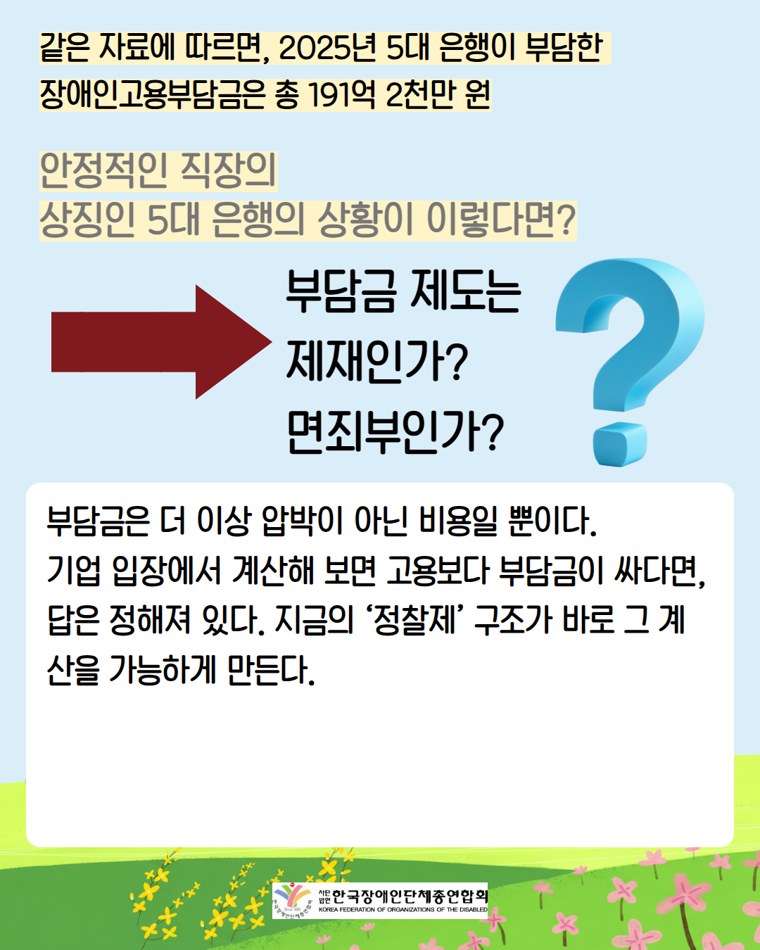  같은 자료에 따르면, 2025년 5대 은행이 부담한 장애인고용부담금은 총 191억 2천만 원 / 안정적인 직장의 상징인 5대 은행의 상황이 이렇다면? / 부담금 제도는  제재인가? 면죄부인가? /  부담금은 더 이상 압박이 아닌 비용일 뿐이다. 기업 입장에서 계산해 보면 고용보다 부담금이 싸다면, 답은 정해져 있다. 지금의 ‘정찰제’ 구조가 바로 그 계산을 가능하게 만든다. 