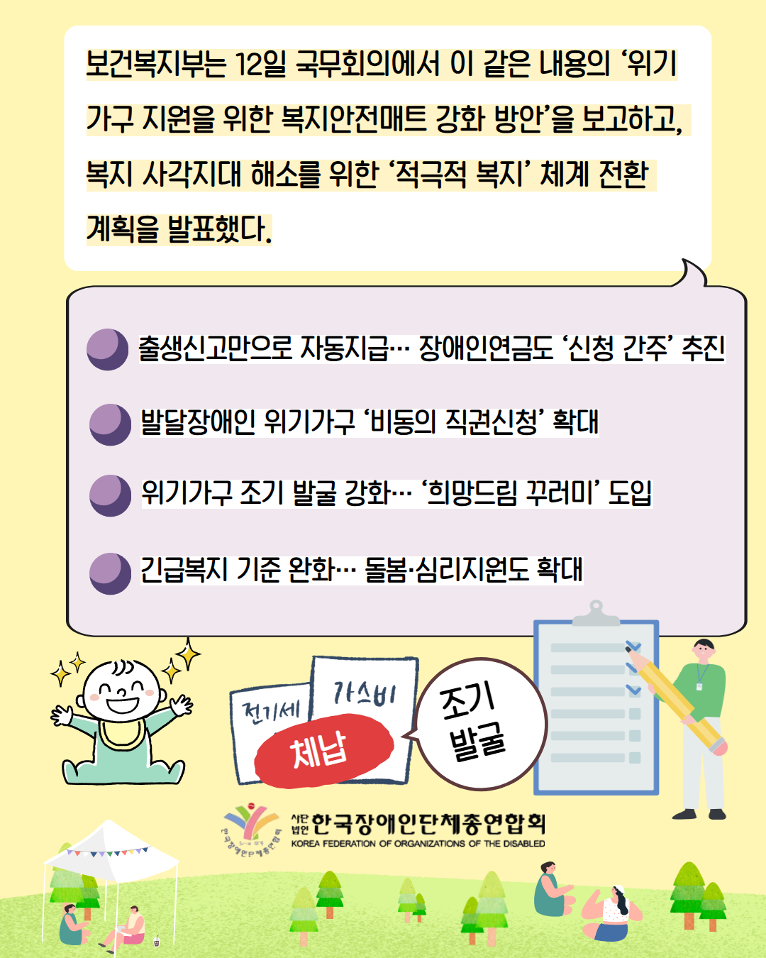 3. 보건복지부는 12일 국무회의에서 이 같은 내용의 ‘위기가구 지원을 위한 복지안전매트 강화 방안’을 보고하고, 복지 사각지대 해소를 위한 ‘적극적 복지’ 체계 전환  계획을 발표했다. / 출생신고만으로 자동지급… 장애인연금도 ‘신청 간주’ /추진 발달장애인 위기가구 ‘비동의 직권신청’ 확대 /위기가구 조기 발굴 강화… ‘희망드림 꾸러미’ 도입 / 긴급복지 기준 완화… 돌봄·심리지원도 확대 / 이모티콘 설명: 아기, 전기세 가스비 체납, 조기발굴, 신청 서류