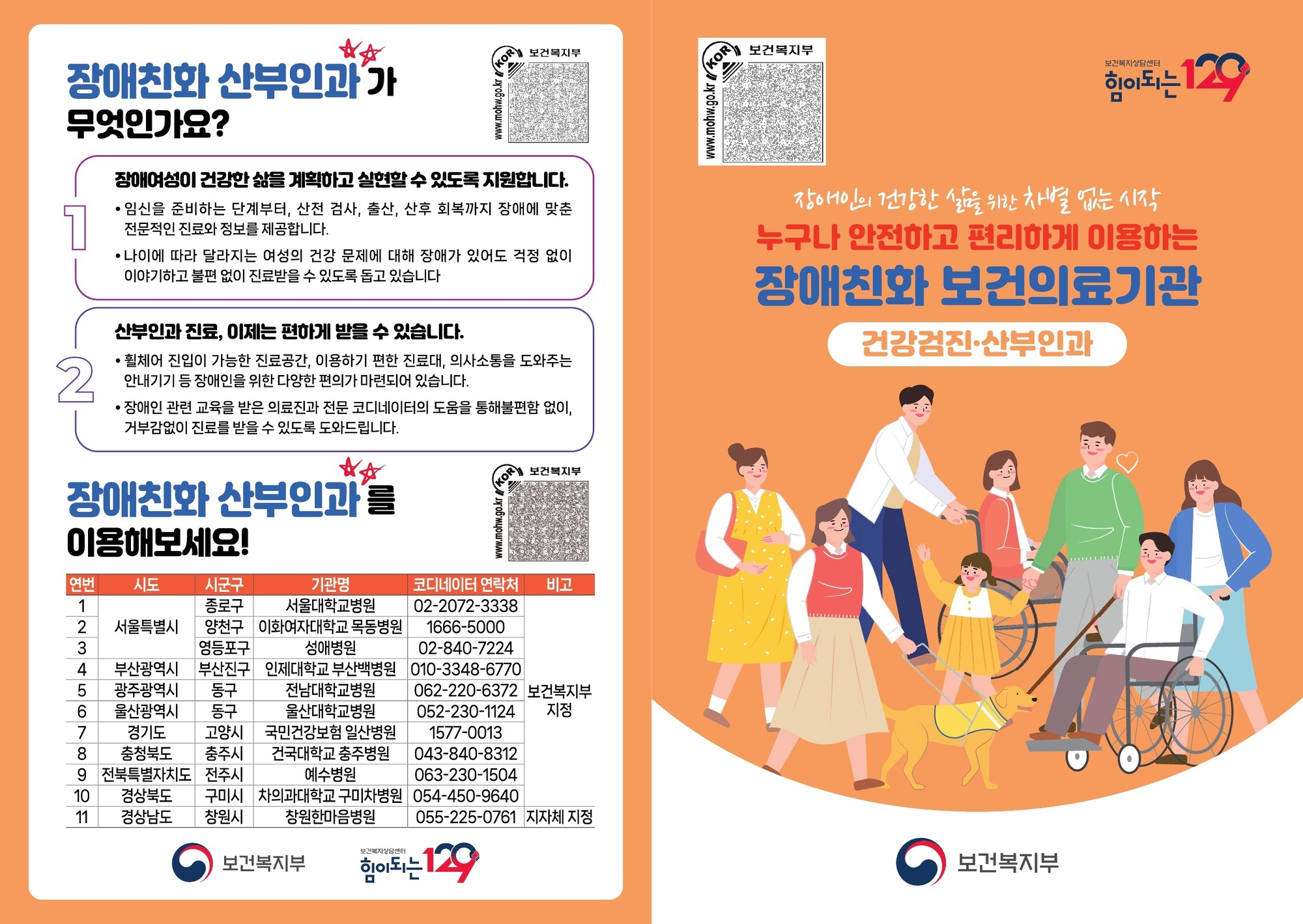 1페이지(표지)  장애인의 건강한 삶을 위한 차별 없는 시작 누구나 안전하고 편리하게 이용하는 장애친화 보건의료기관 건강검진·산부인과  보건복지부    4페이지 장애친화 산부인과가 무엇인가요?  1. 장애여성이 건강한 삶을 계획하고 실현할 수 있도록 지원합니다. - 임신을 준비하는 단계부터, 산전 검사, 출산, 산후 회복까지 장애에 맞춘 진료와 전문적인 진료와 정보를 제공합니다. - 나이에 따라 달라지는 여성의 건강 문제에 대해 장애가 있어도 걱정 없이 이야기하고 불편 없이 진료받을 수 있도록 돕고 있습니다.  2. 산부인과 진료, 이제는 편하게 받을 수 있습니다. - 휠체어 진입이 가능한 진료공간, 이용하기 편한 진료대, 의사소통을 도와주는 안내기기 등 장애인을 위한 다양한 편의가 마련되어 있습니다. - 장애인 관련 교육을 받은 의료진과 전문 코디네이터의 도움을 통해 불편함 없이, 거부감없이 진료를 받을 수 있도록 도와드립니다.  장애친화 산부인과를 이용해보세요!  연번 | 시도 | 시군구 | 기관명 | 코디네이터 연락처 | 비고 1 | 서울특별시 | 종로구 | 서울대학교병원 | 02-2072-3338 | 보건복지부 지정 2 | 서울특별시 | 양천구 | 이화여자대학교 목동병원 | 1666-5000 | 보건복지부 지정 3 | 서울특별시 | 영등포구 | 성애병원 | 02-840-7224 | 보건복지부 지정 4 | 부산광역시 | 부산진구 | 인제대학교 부산백병원 | 010-3348-6770 | 보건복지부 지정 5 | 광주광역시 | 동구 | 전남대학교병원 | 062-220-6372 | 보건복지부 지정 6 | 울산광역시 | 동구 | 울산대학교병원 | 052-230-1124 | 보건복지부 지정 7 | 경기도 | 수원시 | 국민건강보험 일산병원 | 1577-0013 | 보건복지부 지정 8 | 충청북도 | 충주시 | 건국대학교 충주병원 | 043-840-8312 | 보건복지부 지정 9 | 전북특별자치도 | 전주시 | 예수병원 | 063-230-1504 | 보건복지부 지정 10 | 경상북도 | 구미시 | 차의과대학교 구미차병원 | 054-450-9640 | 보건복지부 지정 11 | 경상남도 | 창원시 | 창원한마음병원 | 055-225-0761 | 지자체 지정
