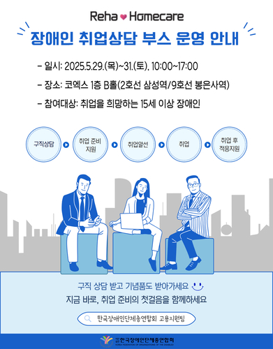 “Reha Homecare 장애인 취업상담 부스 운영 안내 포스터. 장애인 취업상담 부스 운영을 안내합니다. 일시는 2025년 5월 29일 목요일부터 31일 토요일까지, 매일 오전 10시부터 오후 5시까지입니다. 장소는 코엑스 1층 B홀로, 2호선 삼성역 또는 9호선 봉은사역 인근입니다. 참여 대상은 취업을 희망하는 만 15세 이상 장애인입니다. 상담 내용은 구직 상담, 취업 준비 지원, 취업 알선, 취업, 취업 후 적응 지원까지 취업 전 과정에 대한 상담으로 구성되어 있습니다. 하단에는 ‘구직 상담 받고 기쁨도 받아가세요. 지금 바로 취업 준비의 첫걸음을 함께하세요’라는 안내 문구와 함께 한국장애인단체총연합회 고용지원팀 명칭과 기관 로고가 표기되어 있습니다.”