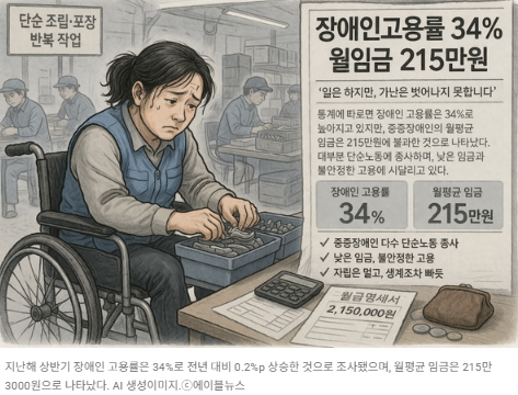 지난해 상반기 장애인 고용률은 34%로 전년 대비 0.2%p 상승한 것으로 조사됐으며, 월평균 임금은 215만3000원으로 나타났다.  출처 : 에이블뉴스(https://www.ablenews.co.kr)