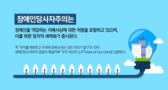 장애인당사자주의는 장애인을 억합하는 지배사상에 대한 저항을 포함하고 있으며, 이를 위한 정치적 세력화가 중시된다. 즉 우리를 제외하고 우리에 관해 논하는것은 의미가 없다는 것이 장애인당사자주의 운동의 핵심이며 우리자신의 소리(Voice of Our Own)로 실현된다.